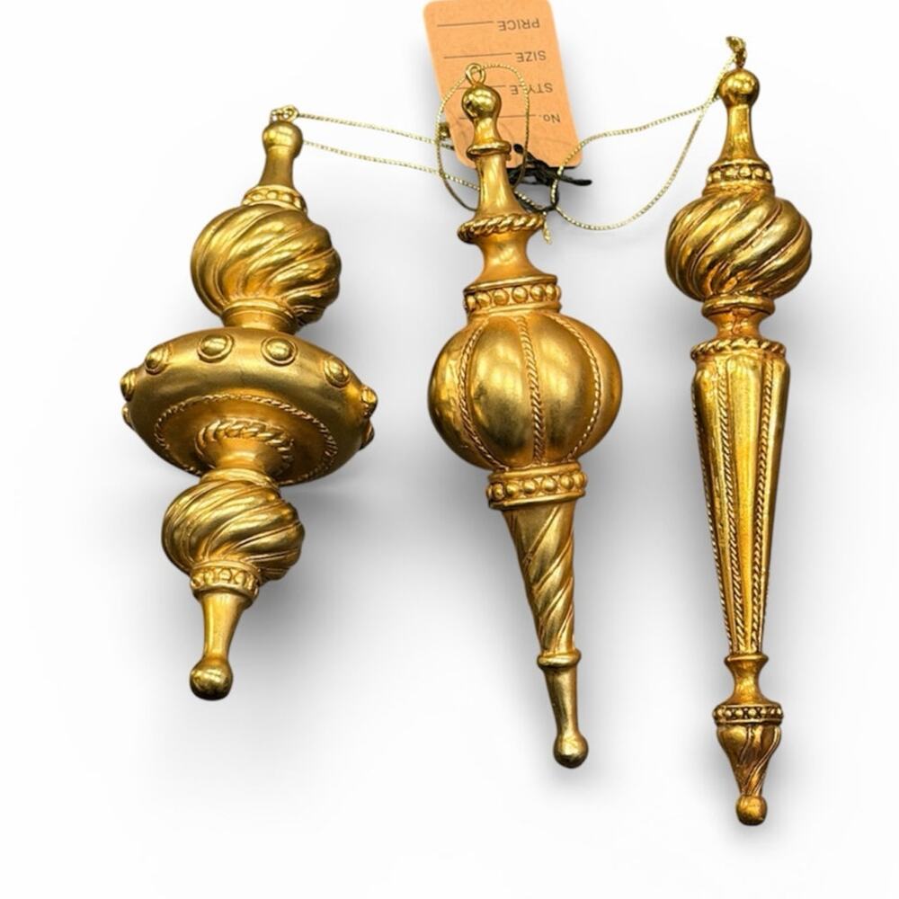Set Of 3 Solid Finial Christmas Ornaments Antique Mercury Gold Finish